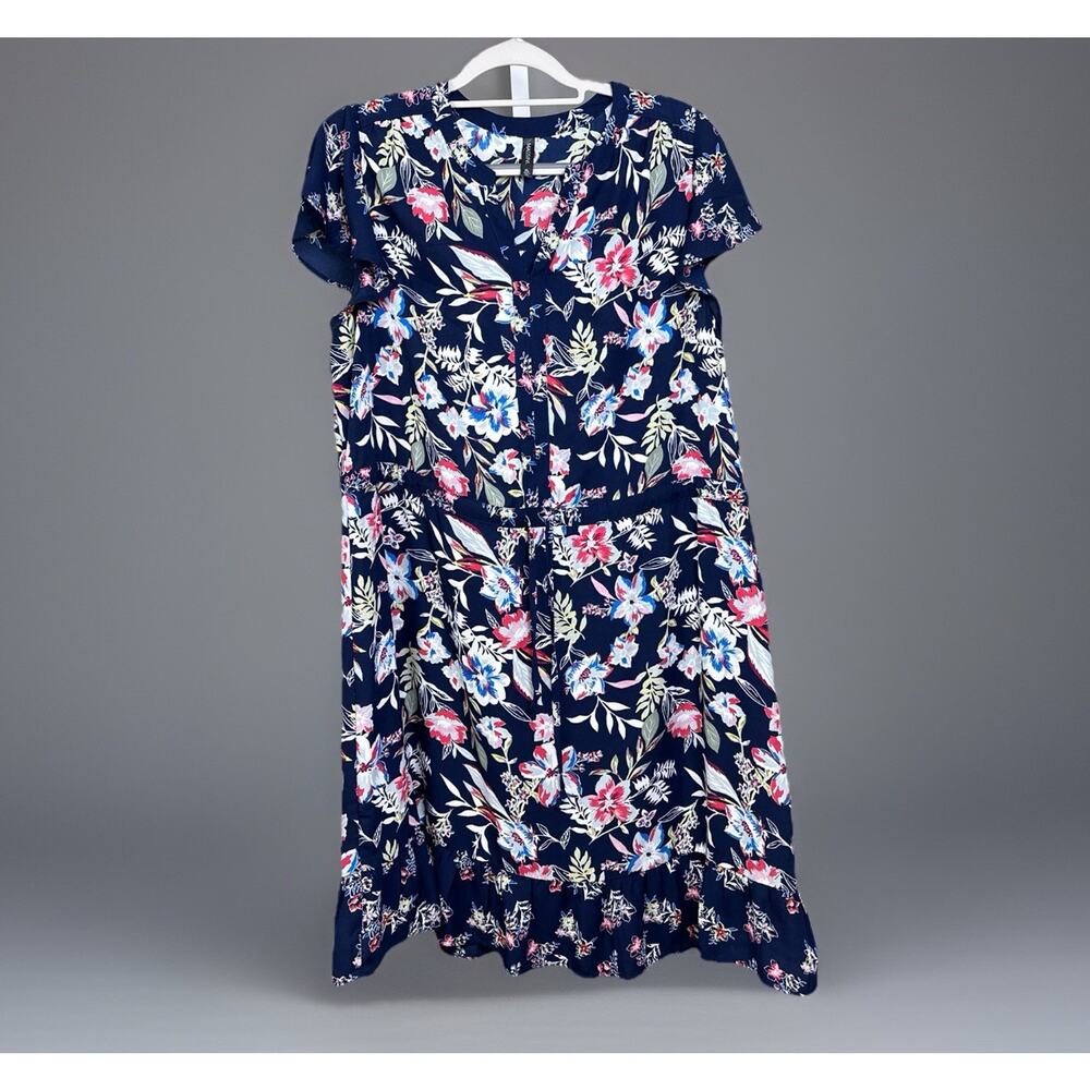Vintage Massini Floral Dress XL Navy Tropical Midi Drawstring Waist Cottagecore - Picture 2 of 8
